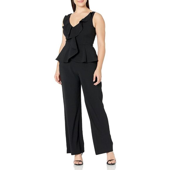 Eliza J Women's Black Sleeveless Ruffled Peplum Wide Leg Jumpsuit Size 10 - Picture 6 of 7